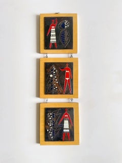 Vintage Mid-Century Three-Panel Enamel Figurative Wall Art