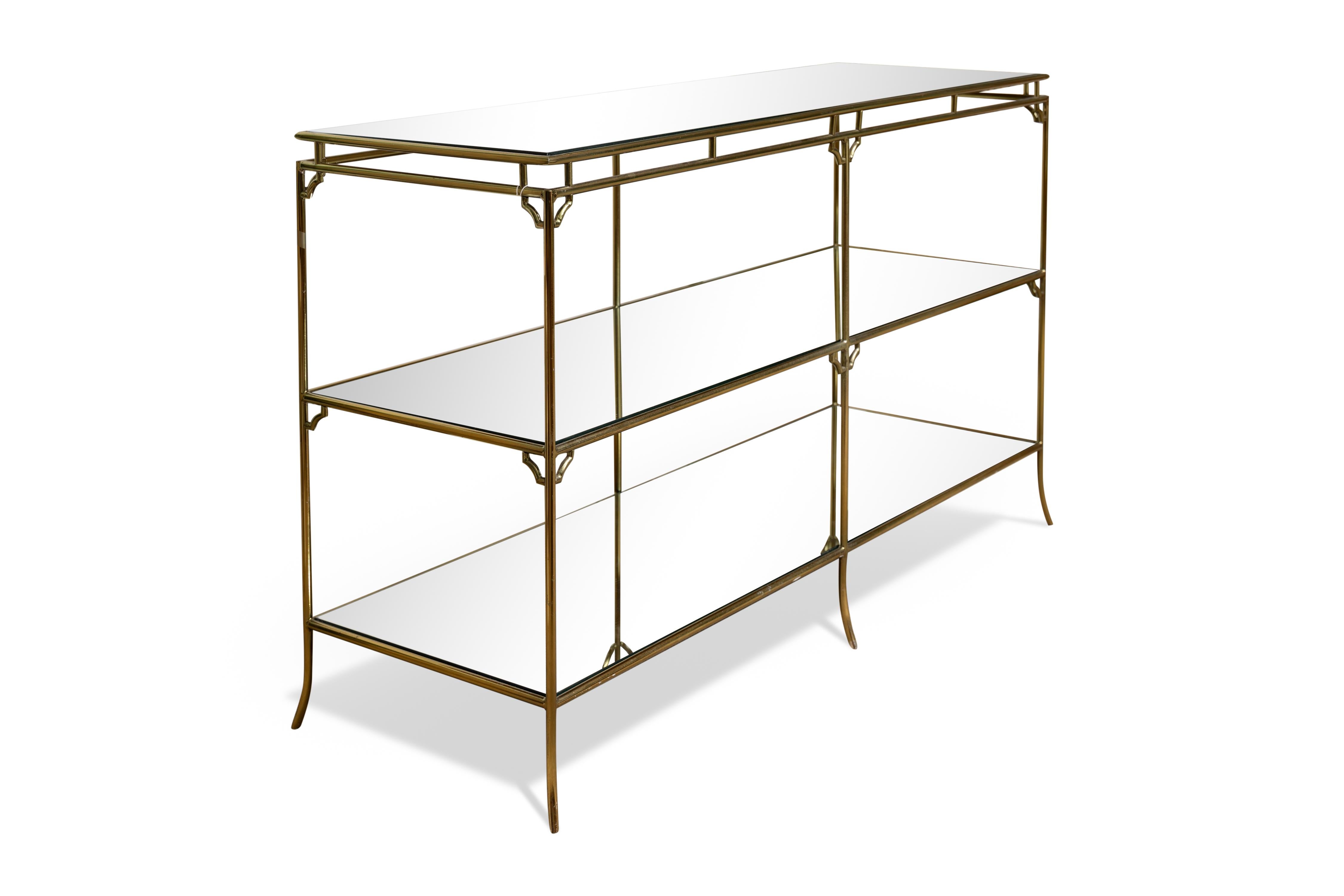 Mid-Century Modern Vintage Midcentury Three Tier Brass Bamboo Console with Mirrored Shelves
