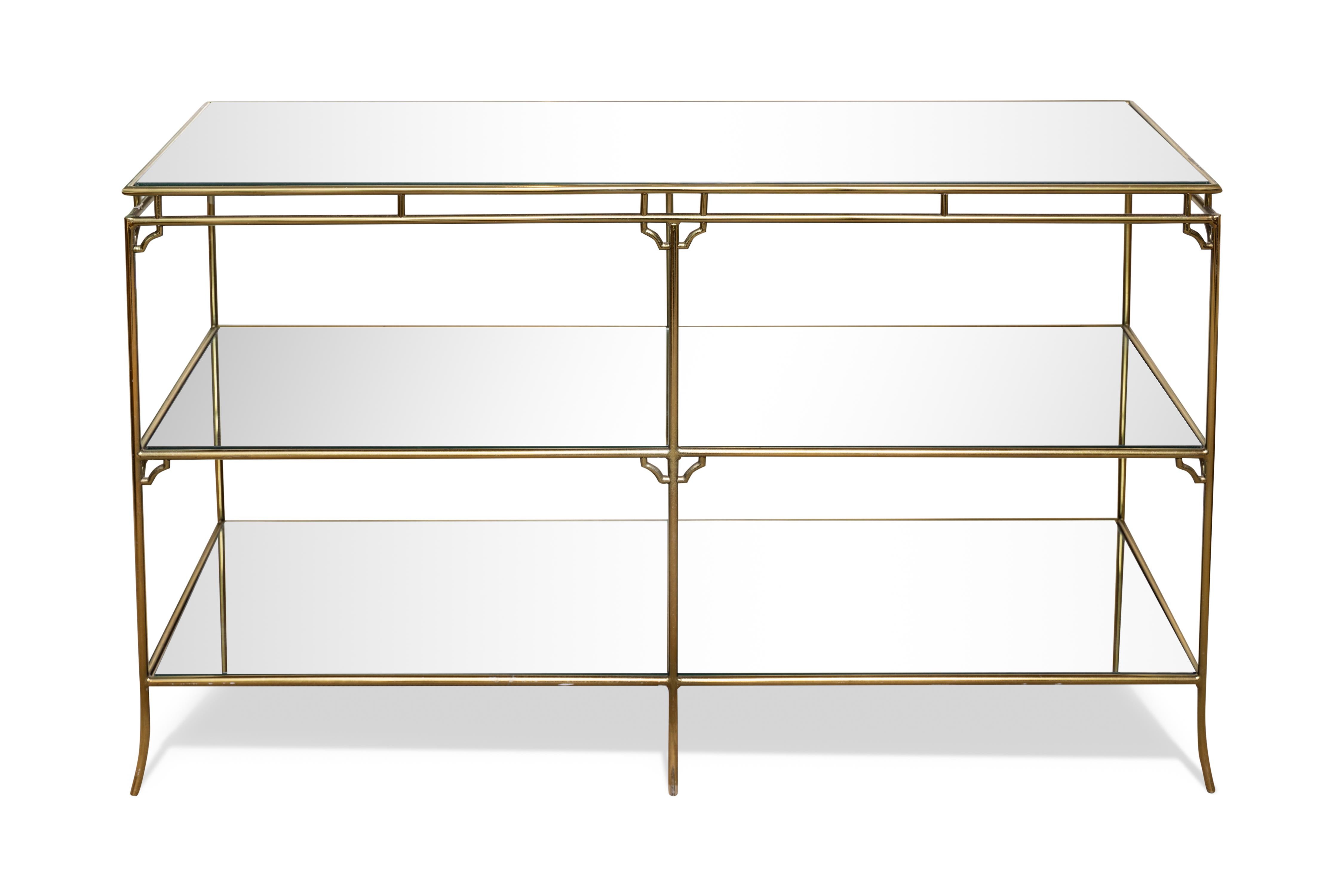 Unknown Vintage Midcentury Three Tier Brass Bamboo Console with Mirrored Shelves