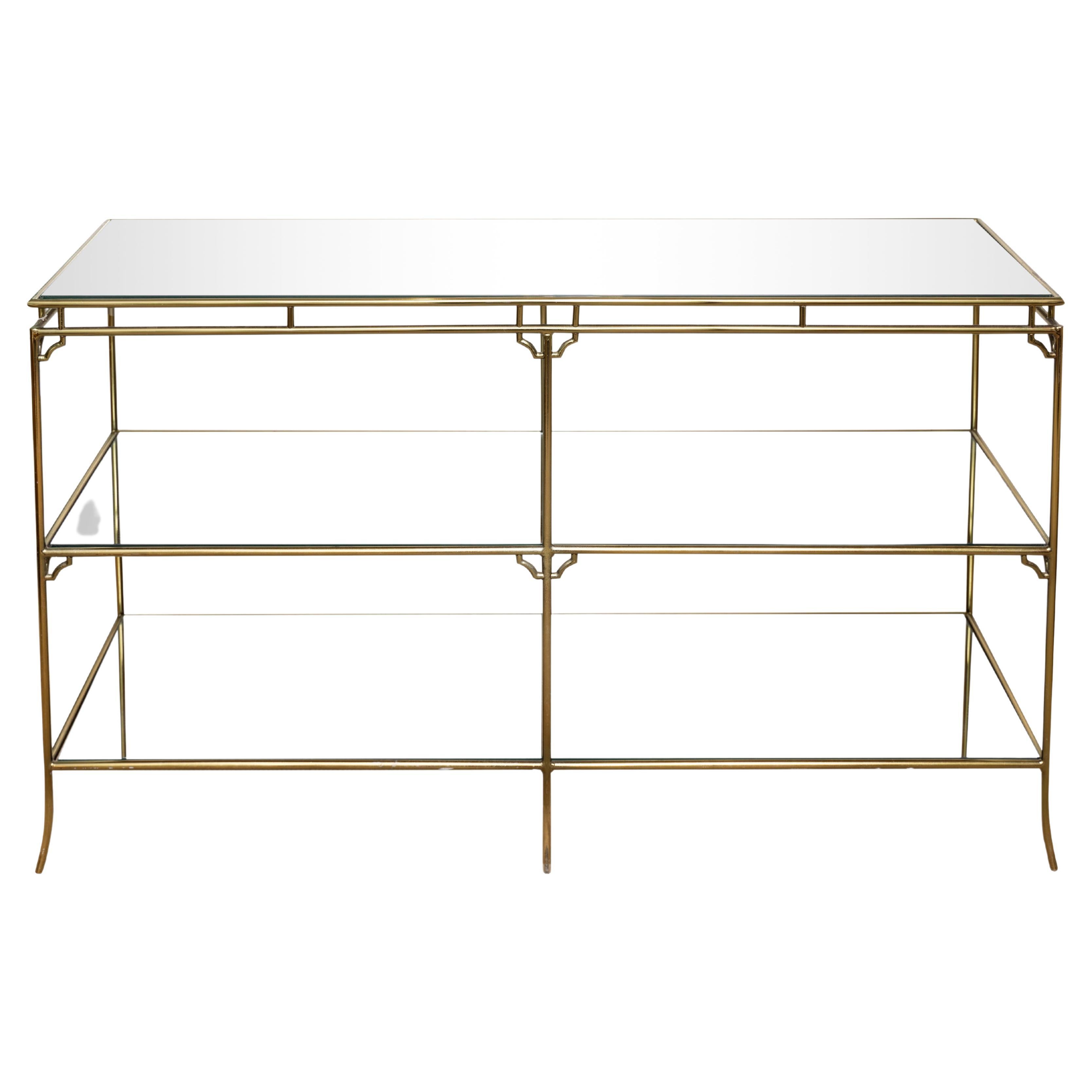 Vintage Midcentury Three Tier Brass Bamboo Console with Mirrored Shelves