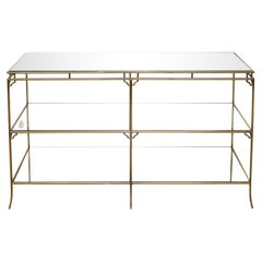 Vintage Midcentury Three Tier Brass Bamboo Console with Mirrored Shelves