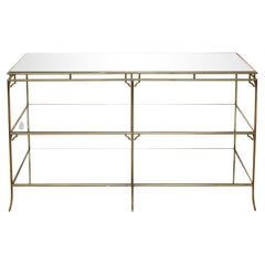 Vintage Midcentury Three Tier Brass Bamboo Console with Mirrored Shelves