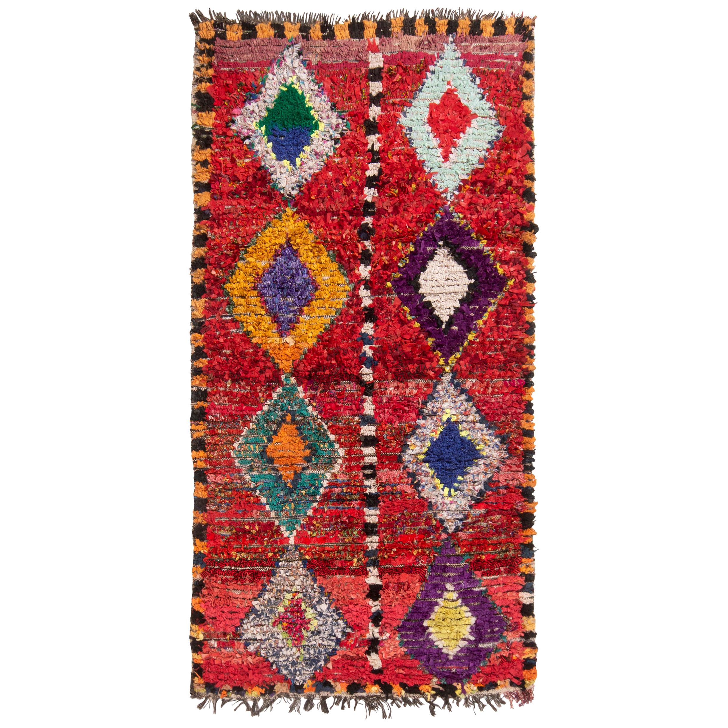 Vintage Mid-Century Transitional Moroccan Red and Multicolor Wool Rug