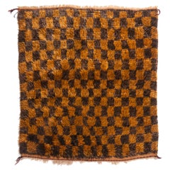 Vintage Midcentury Transitional Tulu Orange and Brown Wool Rug with Checkerboar