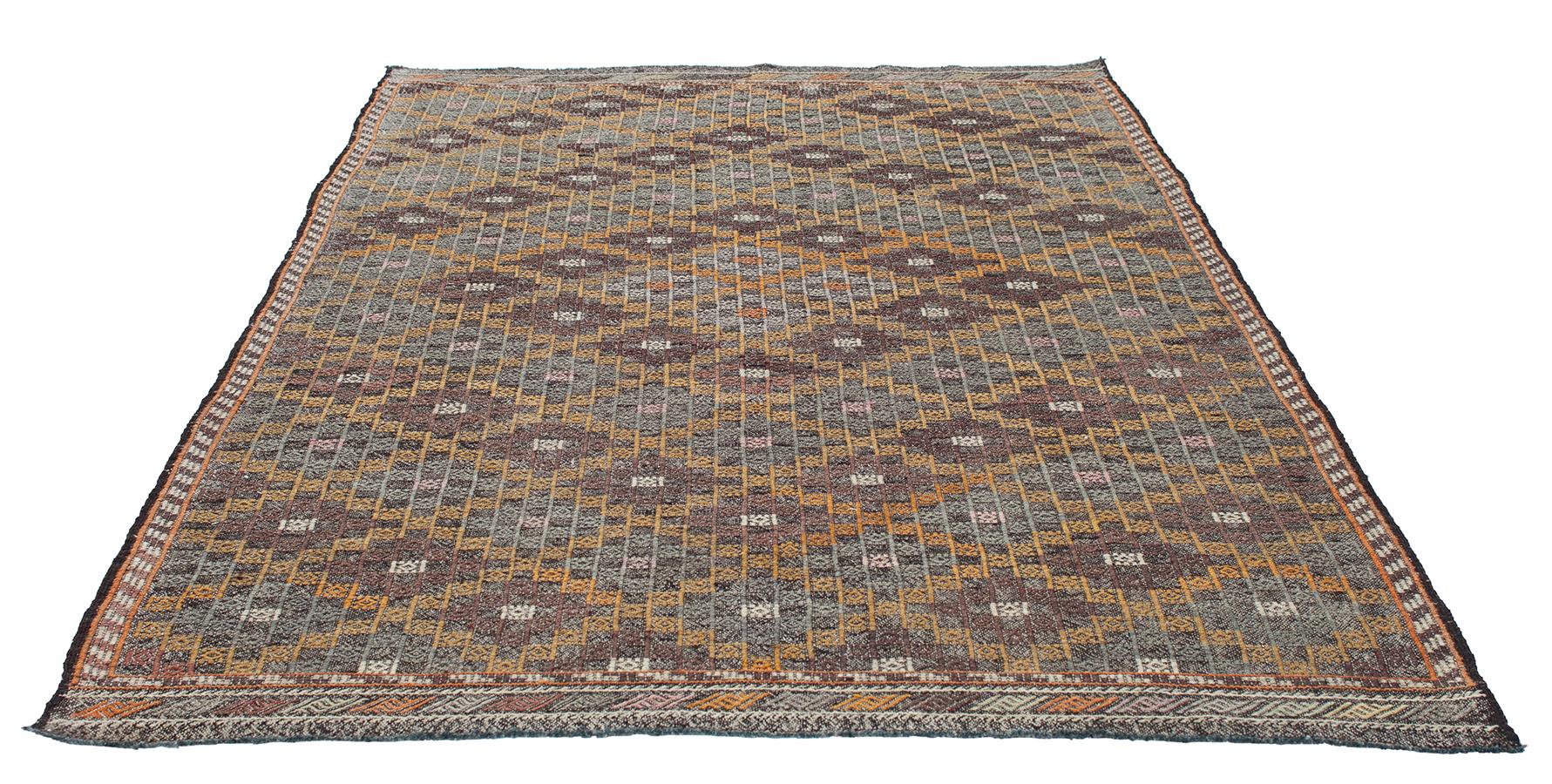 Hand-Woven Vintage Midcentury Tribal Flat-Weave Rug For Sale