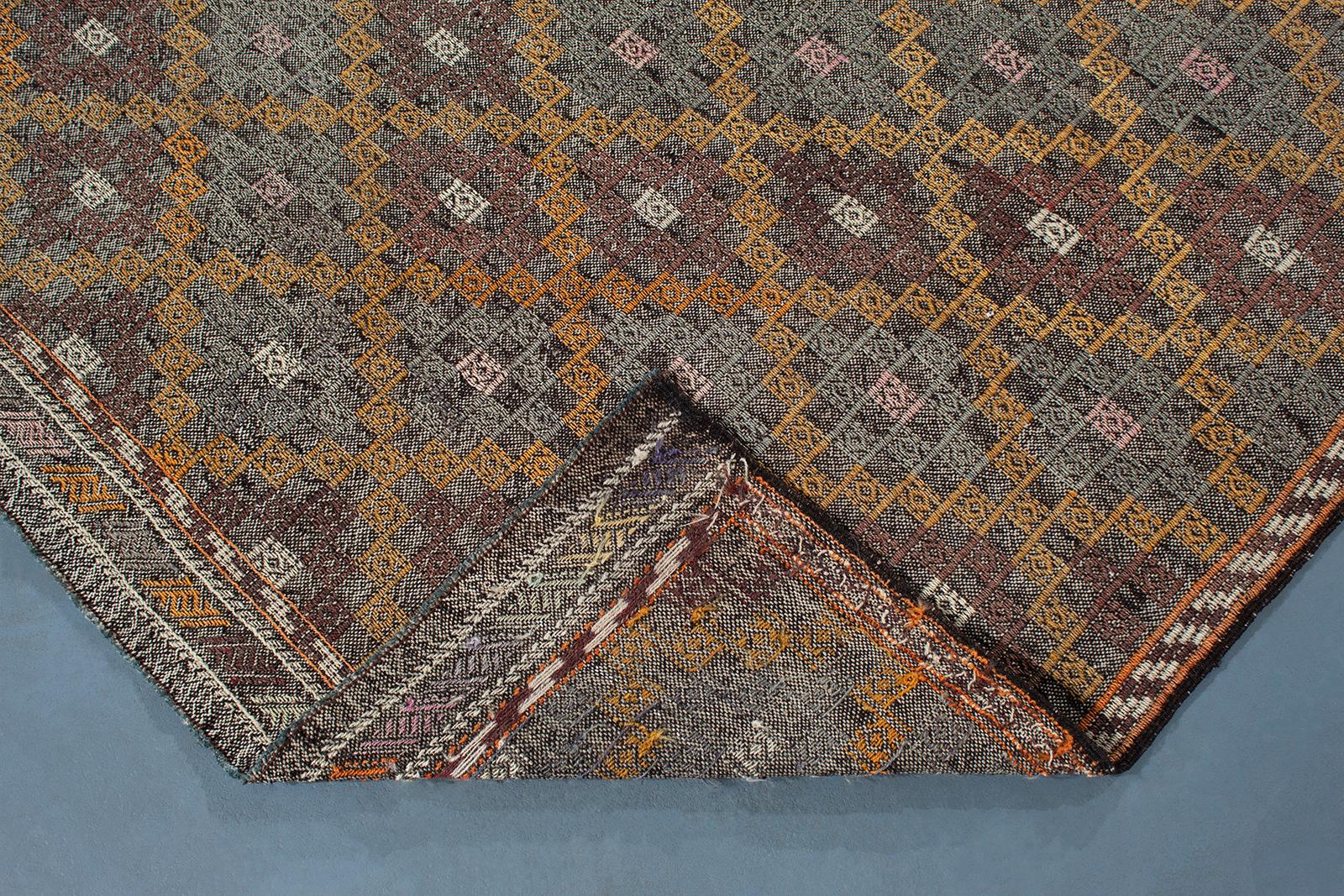 Wool Vintage Midcentury Tribal Flat-Weave Rug For Sale