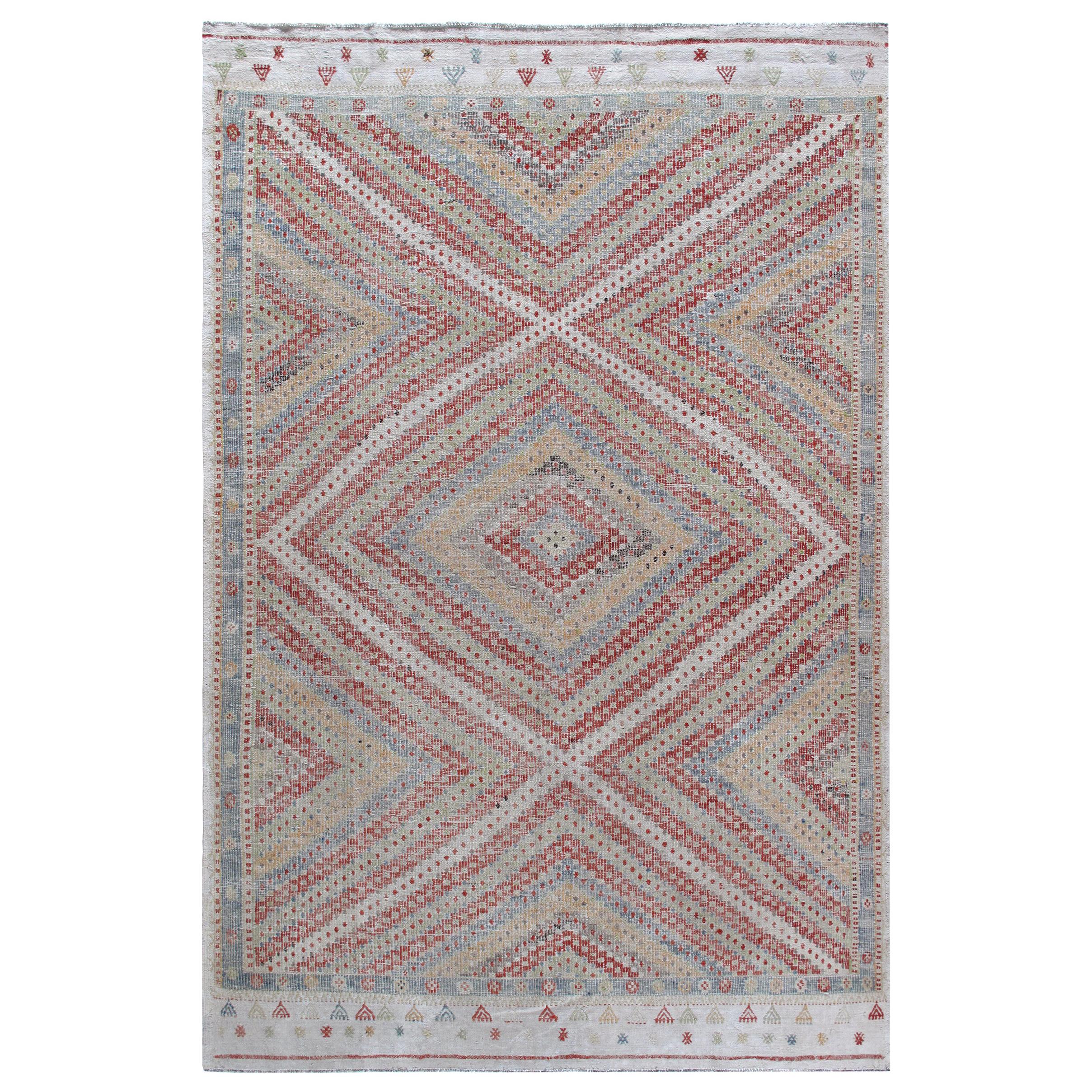 Vintage Midcentury Tribal Flat-Weave Rug