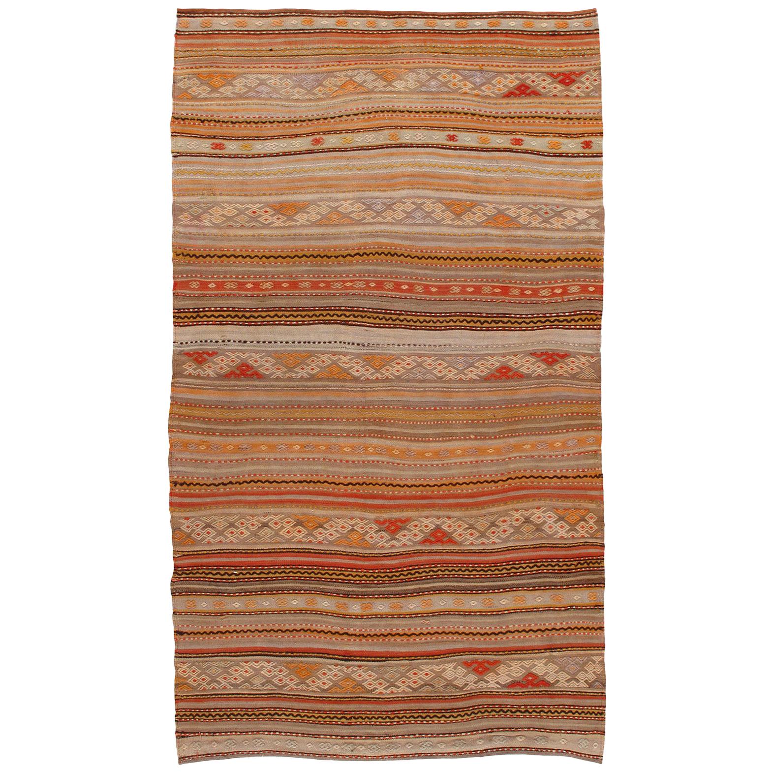 Vintage Midcentury Tribal Flat-Weave Rug For Sale