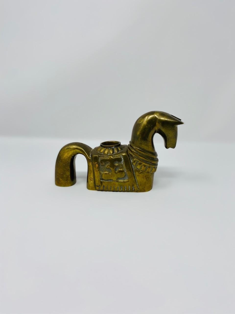 Vintage Midcentury Trojan Horse Brass Candleholder In Good Condition For Sale In San Diego, CA