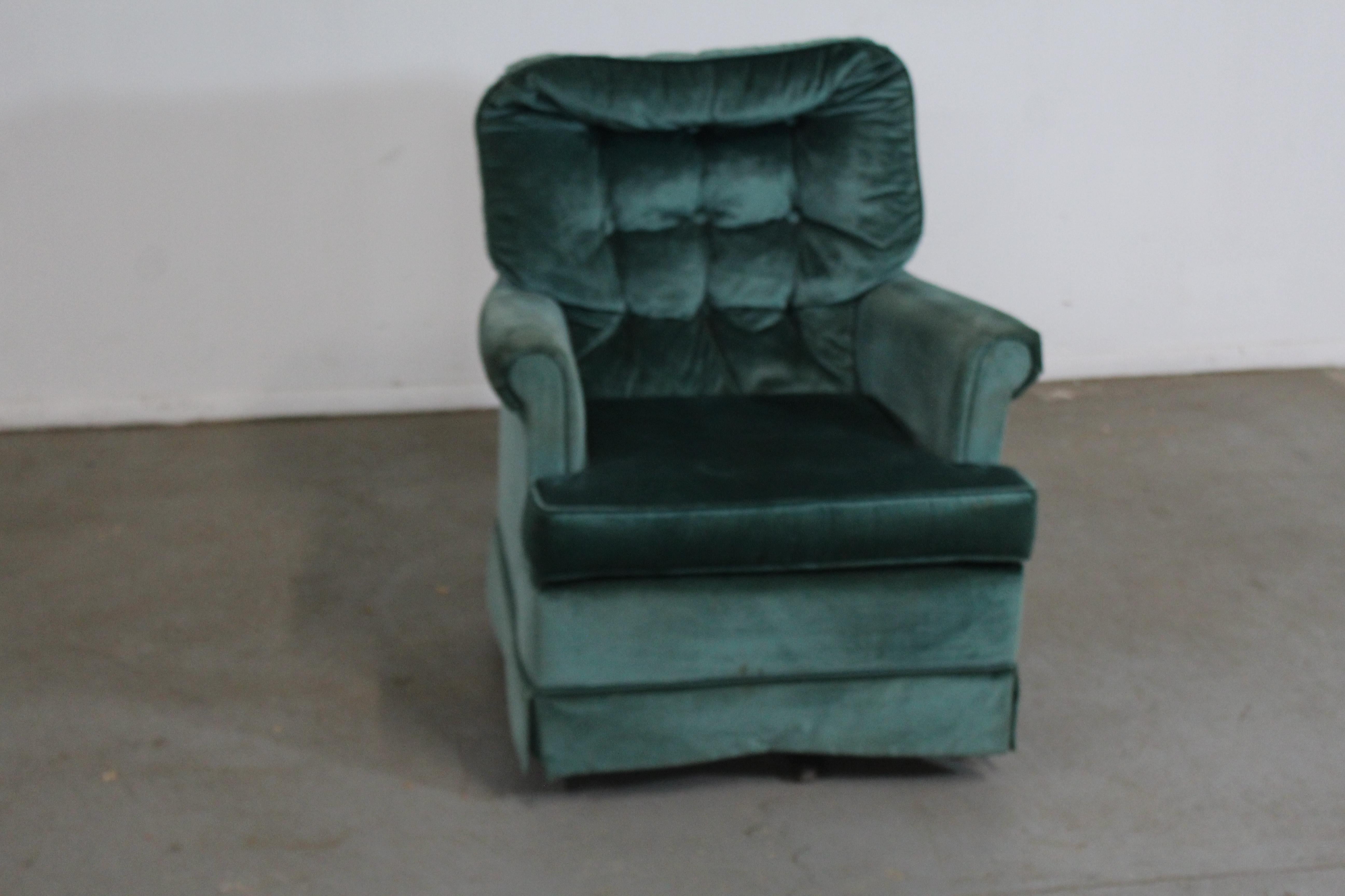 Vintage mid-century tufted-back swivel rocker club chair

 Offered is a vintage mid-century tufted-back swivel rocker club chair. These chairs swivel and rock - has Velvet upholstery. They are in good condition with some age wear on the fabric