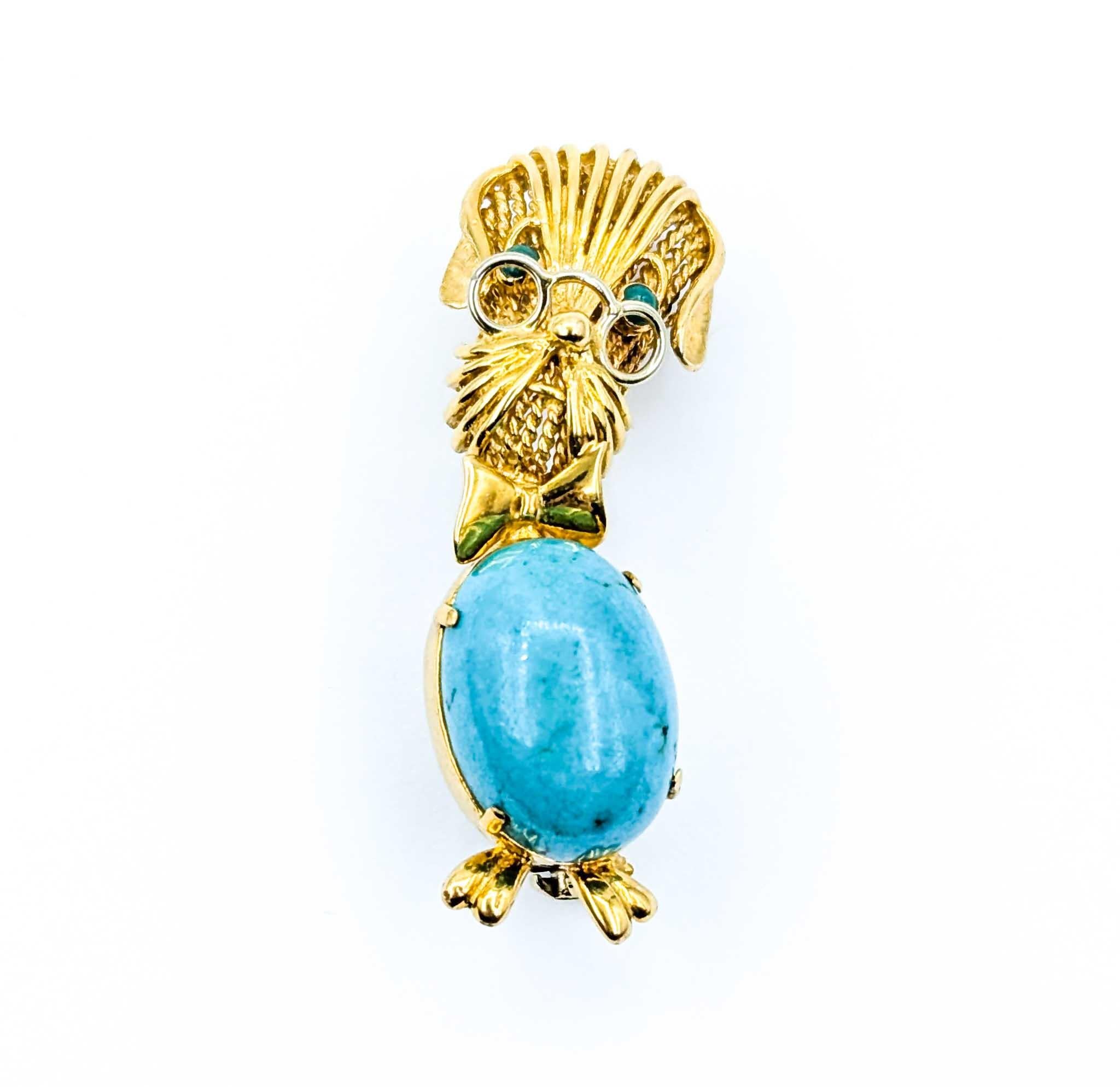 Broche vintage de mediados de siglo con perro de turquesa en oro amarillo Cabujón en venta