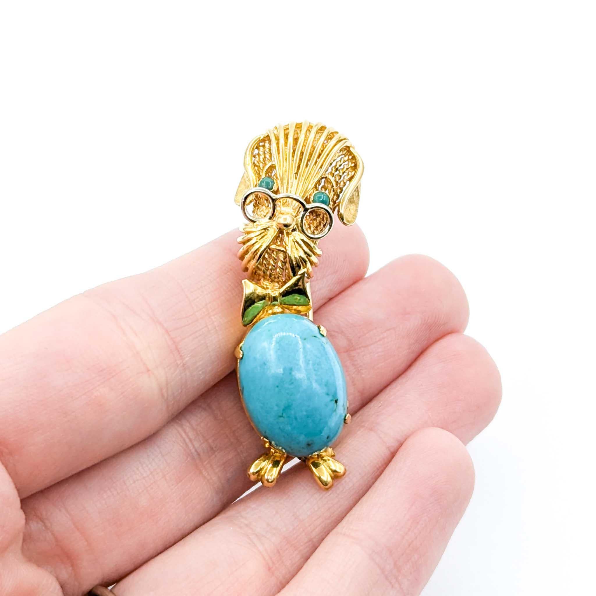 Broche vintage de mediados de siglo con perro de turquesa en oro amarillo en Excelente estado para la venta en Bloomington, MN