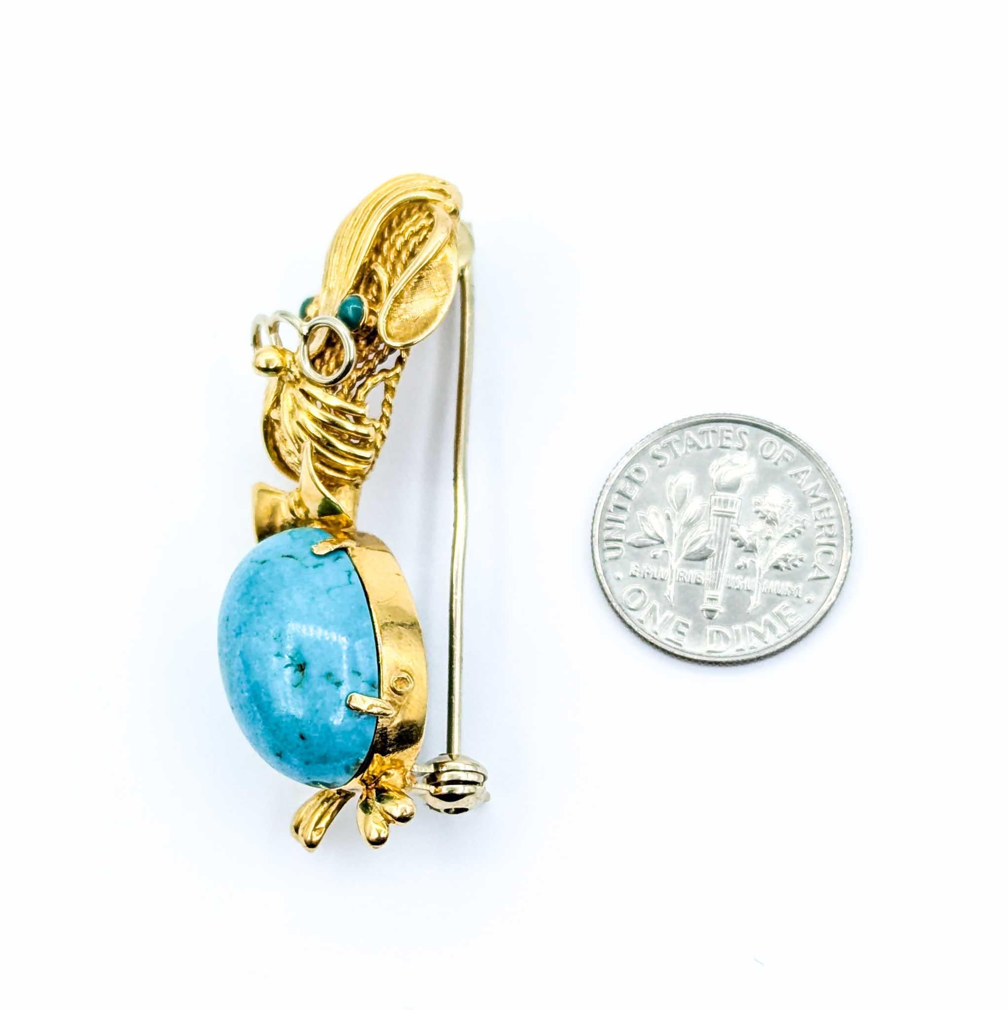 Femenino o masculino Broche vintage de mediados de siglo con perro de turquesa en oro amarillo en venta