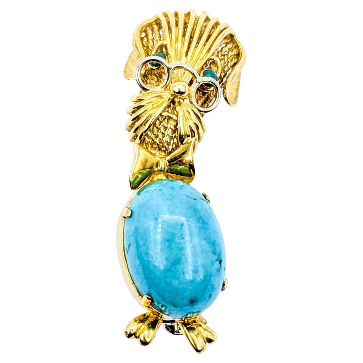 Vintage Mid-Century Turquoise Dog Brooch in Yellow Gold