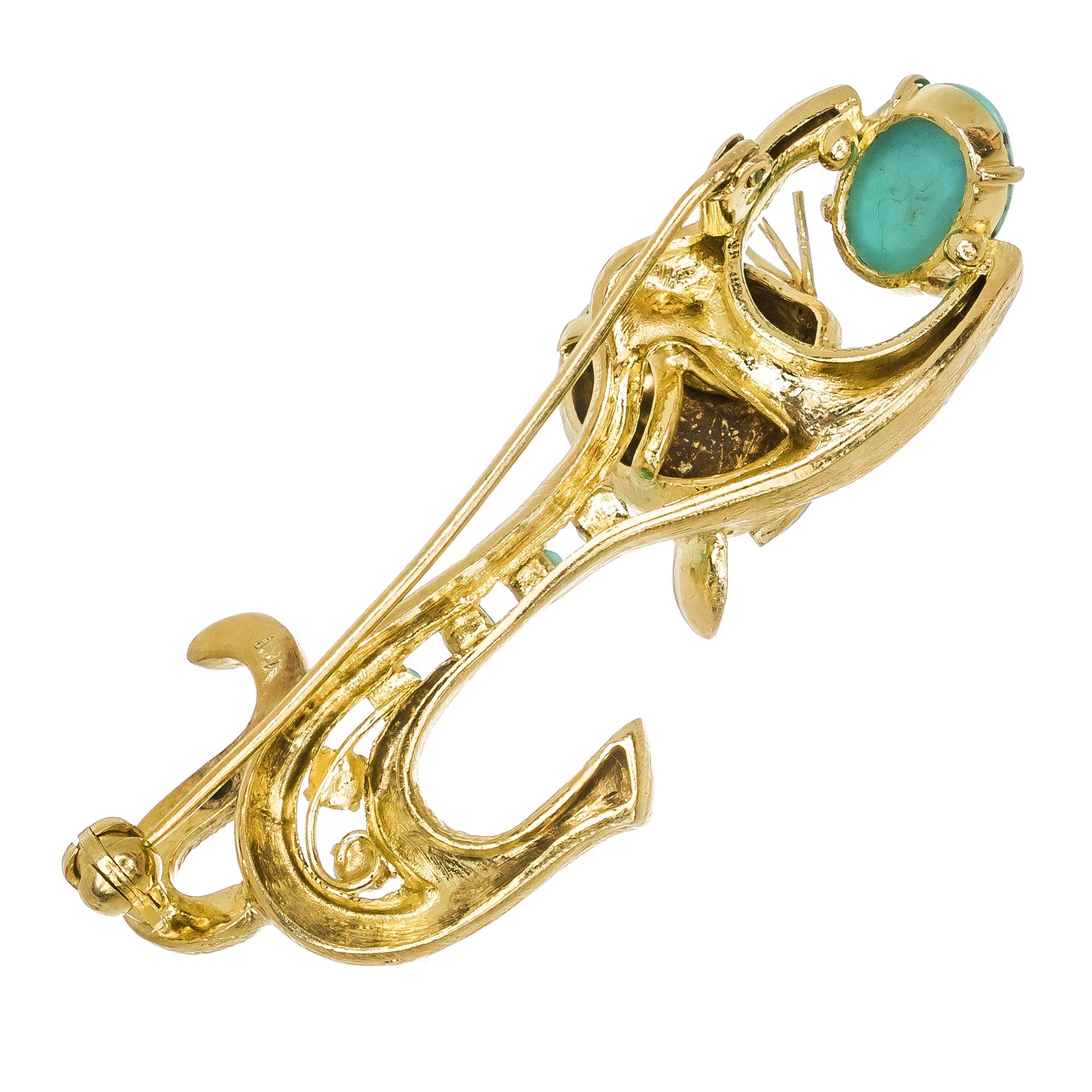 Oval Cut Vintage Midcentury Turquoise Yellow Gold Cat Brooch