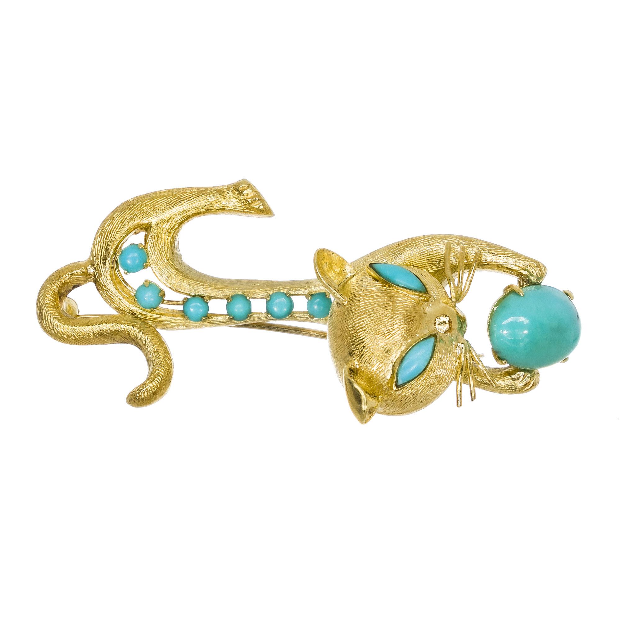 Vintage Midcentury Turquoise Yellow Gold Cat Brooch In Good Condition In Stamford, CT