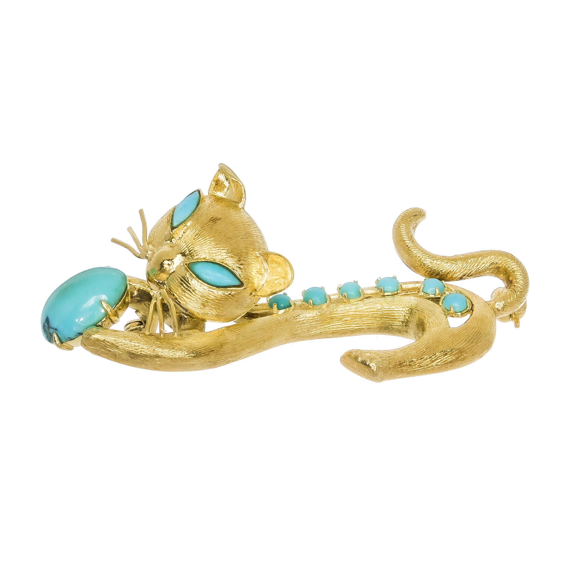 Women's Vintage Midcentury Turquoise Yellow Gold Cat Brooch