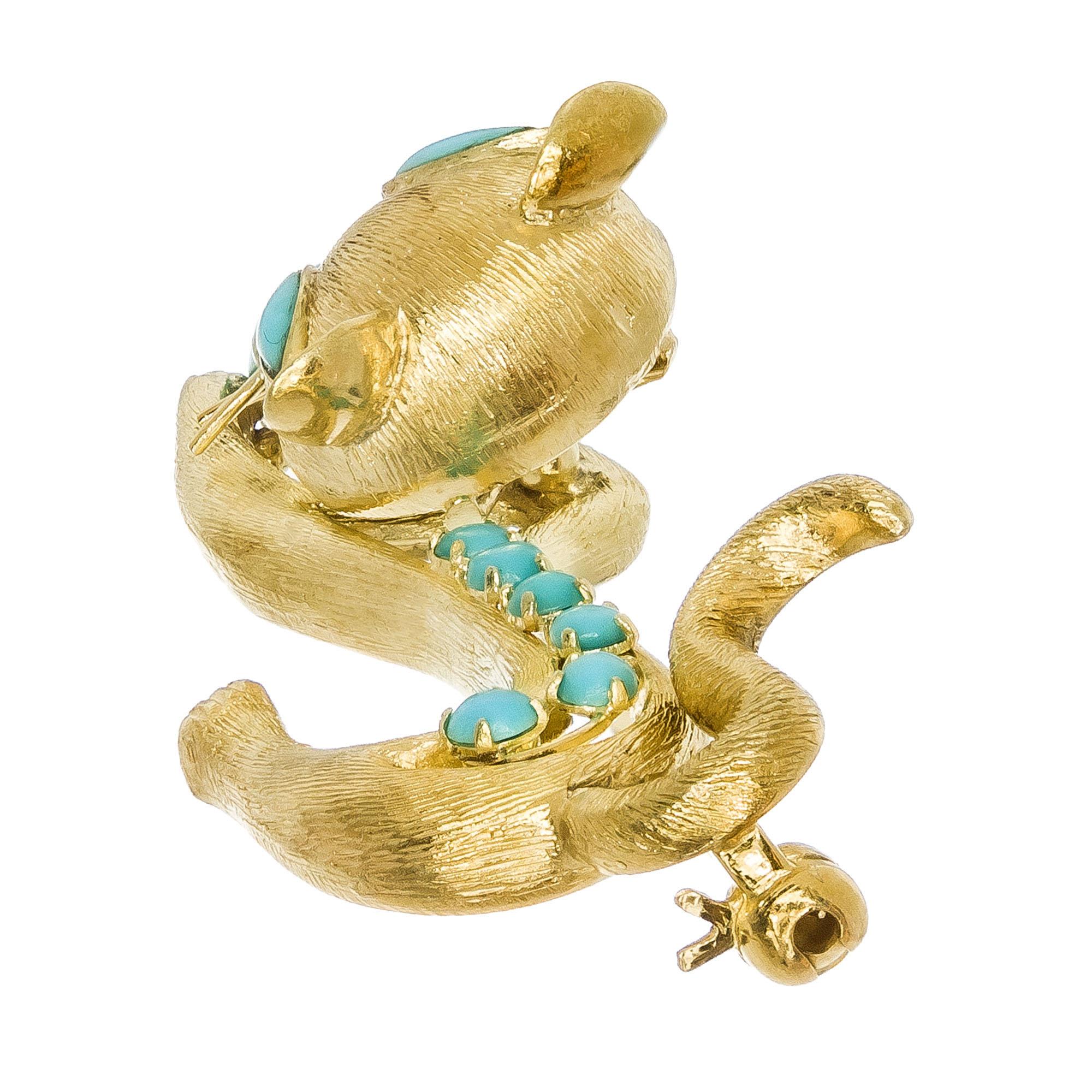 Vintage Midcentury Turquoise Yellow Gold Cat Brooch 1