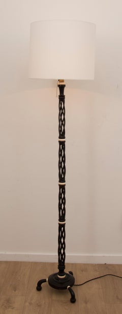 Vintage Midcentury Unusual Ebony Twisted Wood with Bone Inlay Tall Floor Lamp