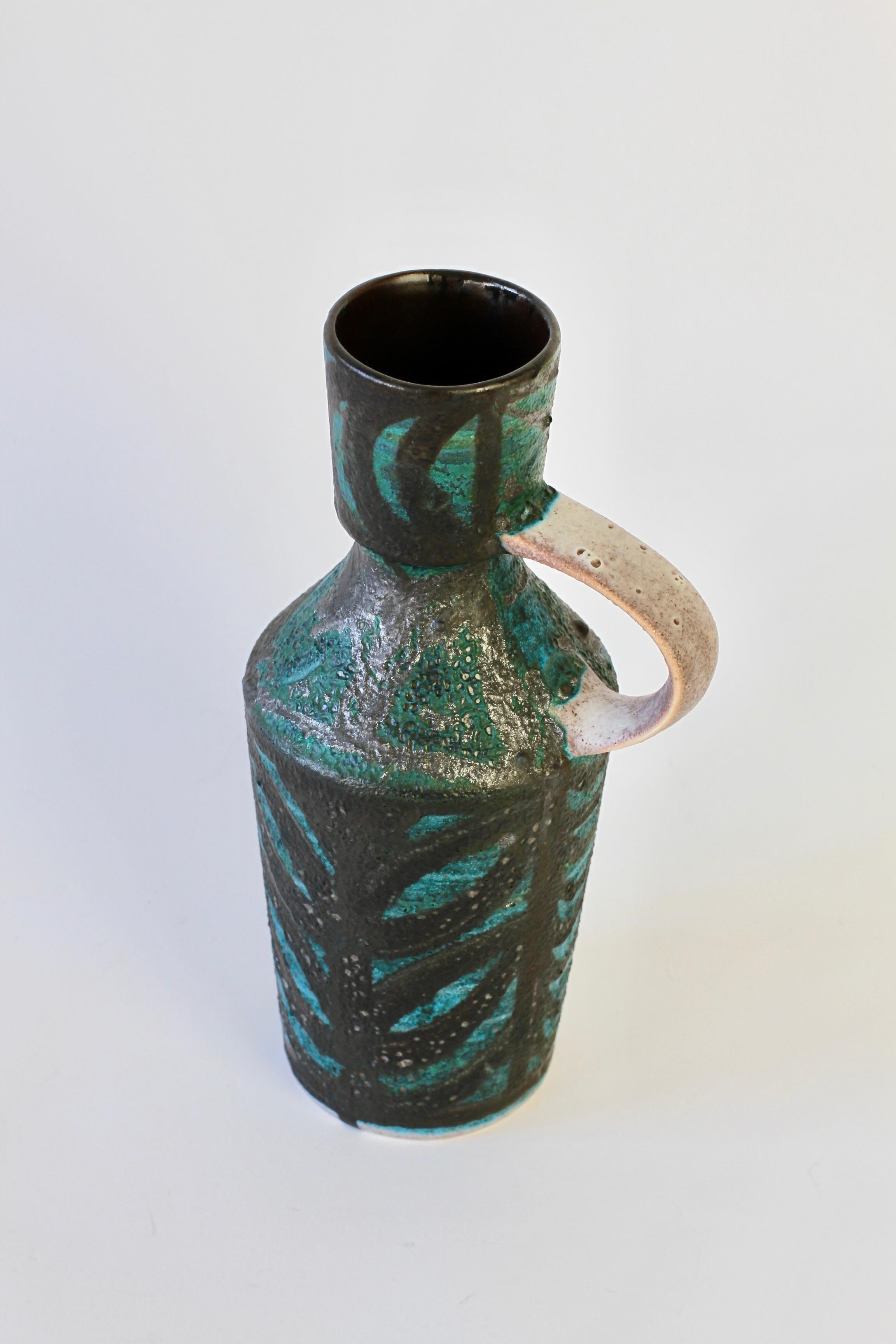 Clay Vintage Midcentury Vase with Green and Black Lava Glaze Accents For Sale