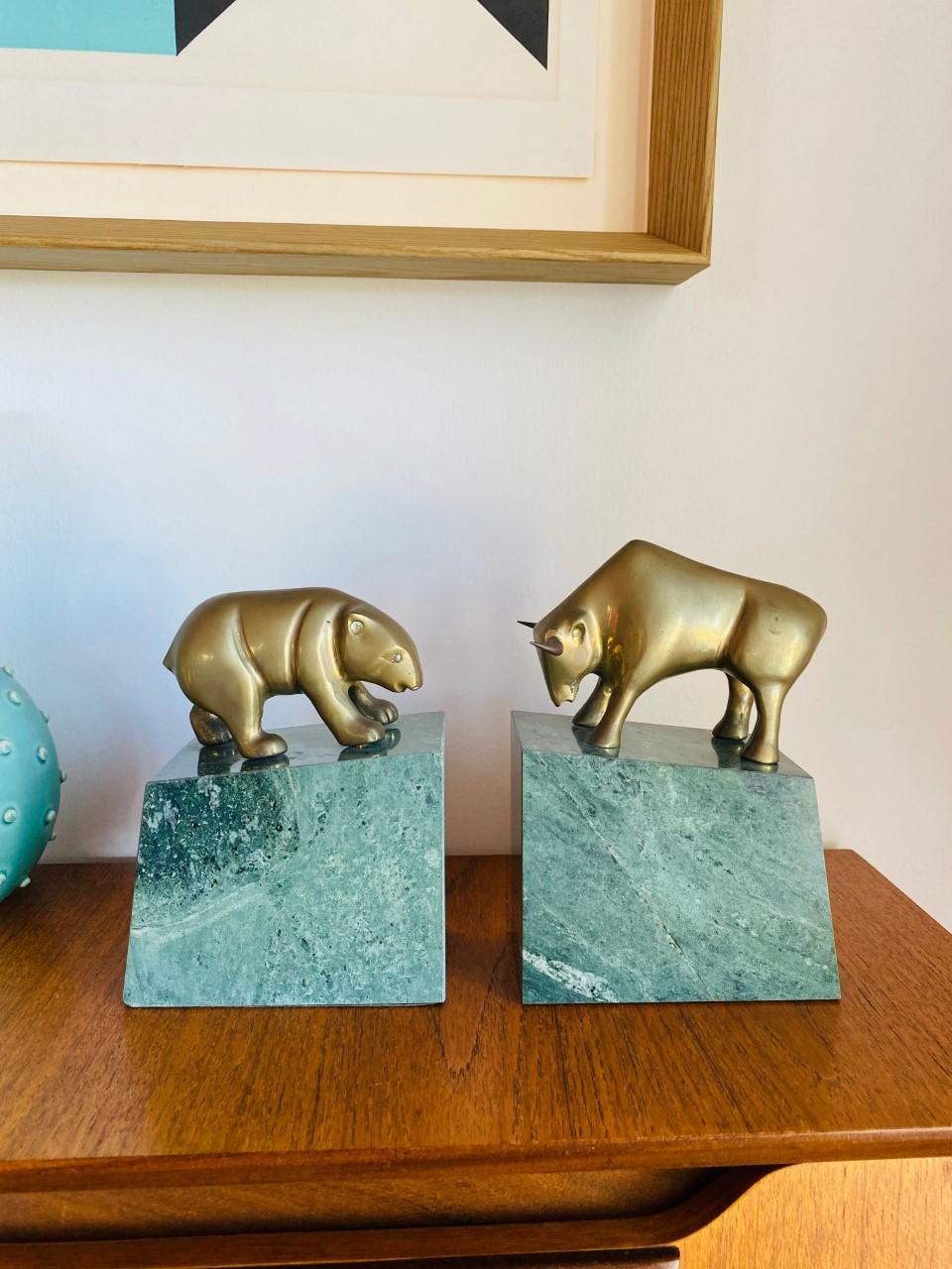 Mid-Century Modern Vintage Mid-Century Wall Street Bear and Bull Bronze Bookends, 'Pair'
