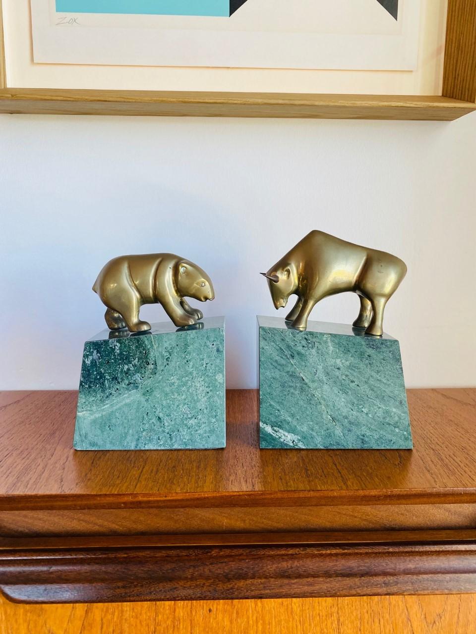 American Vintage Mid-Century Wall Street Bear and Bull Bronze Bookends, 'Pair'