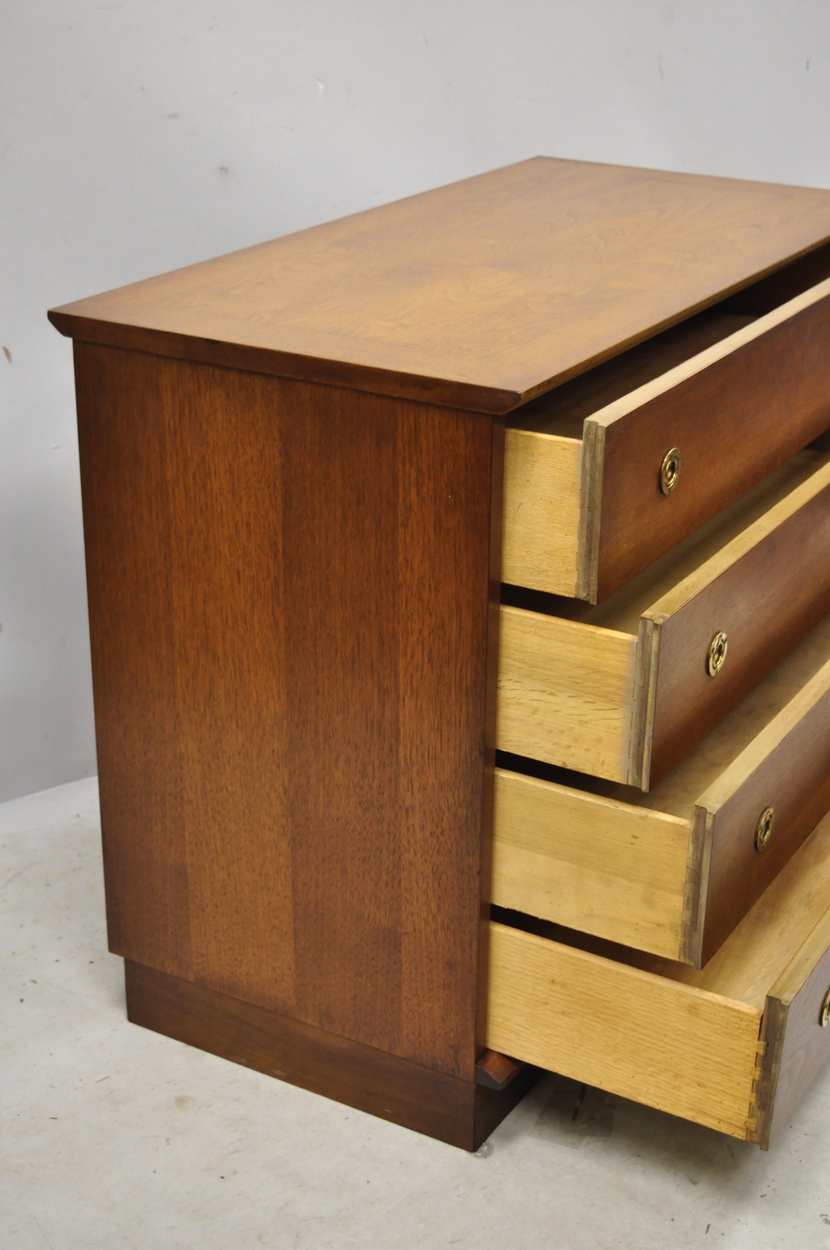 Vintage Midcentury Walnut 4-Drawer Campaign Brass Pulls Bachelor Chest Dresser 2