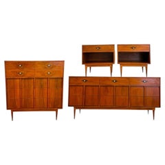 Vintage Mid-Century Walnut 4-Piece Bedroom Set With Diamond Parquet Accent Inlay