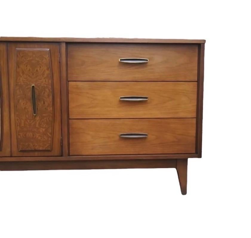 Late 20th Century Vintage Mid Century Walnut 9 Drawer Dresser Dovetail Drawers Burl Wood Accent