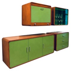 Vintage Mid-Century Walnut and Green Enamel Hanging Cabinets