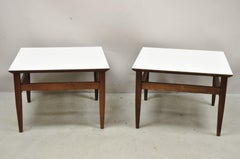 Vintage Mid Century Walnut Base Laminate Top Low Side Tables - a Pair