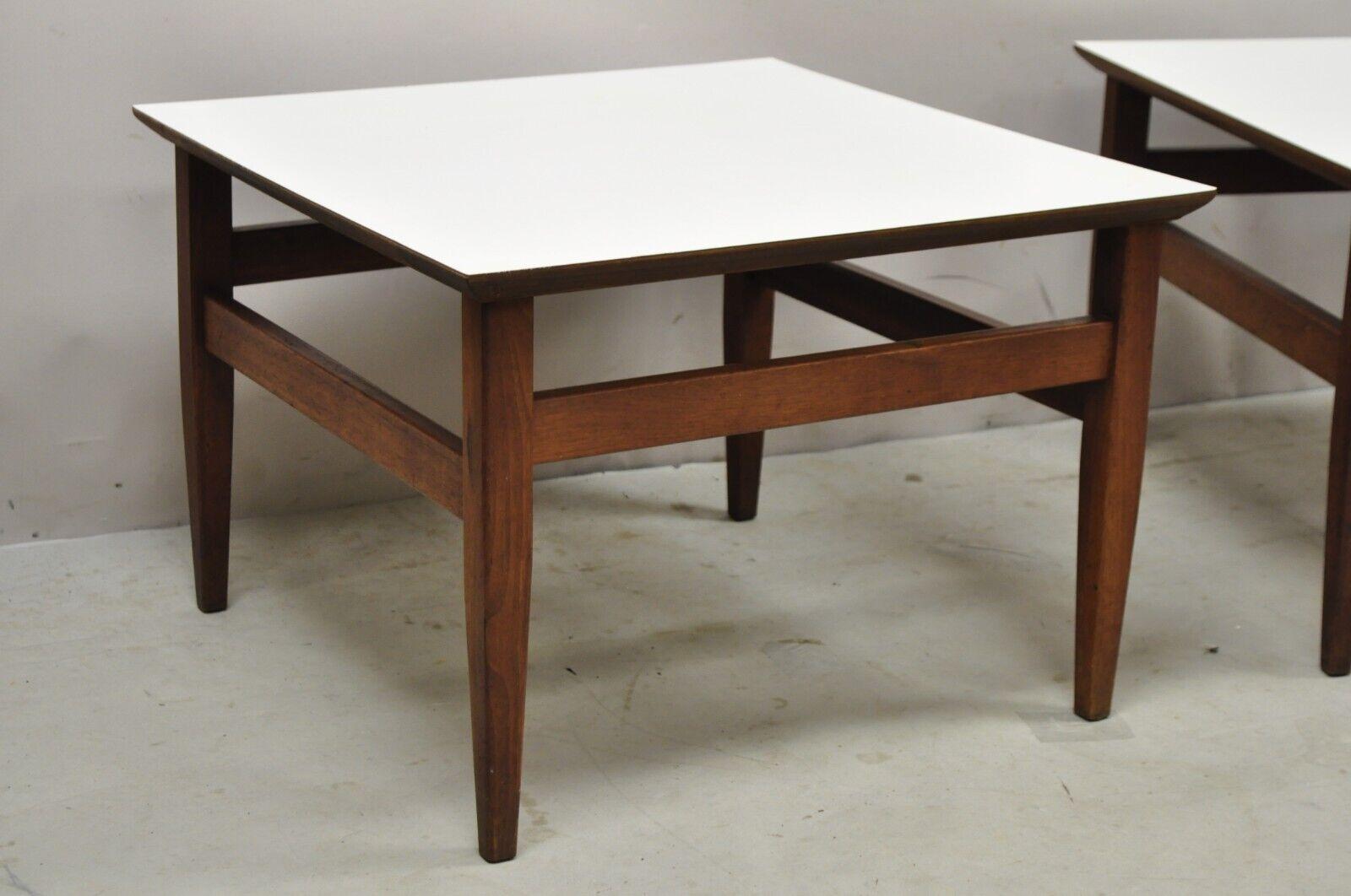 Laminated Vintage Mid Century Walnut Base Laminate Top Low Side Tables - a Pair For Sale