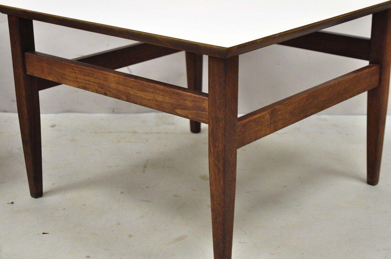Vintage Mid Century Walnut Base Laminate Top Low Side Tables - a Pair For Sale 1