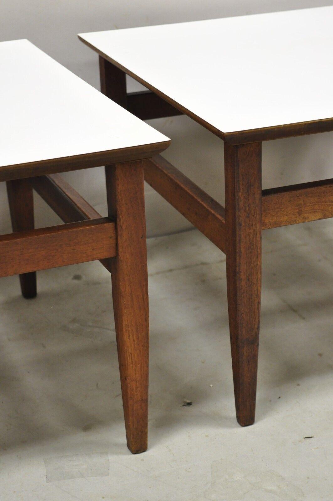 Vintage Mid Century Walnut Base Laminate Top Low Side Tables - a Pair For Sale 3