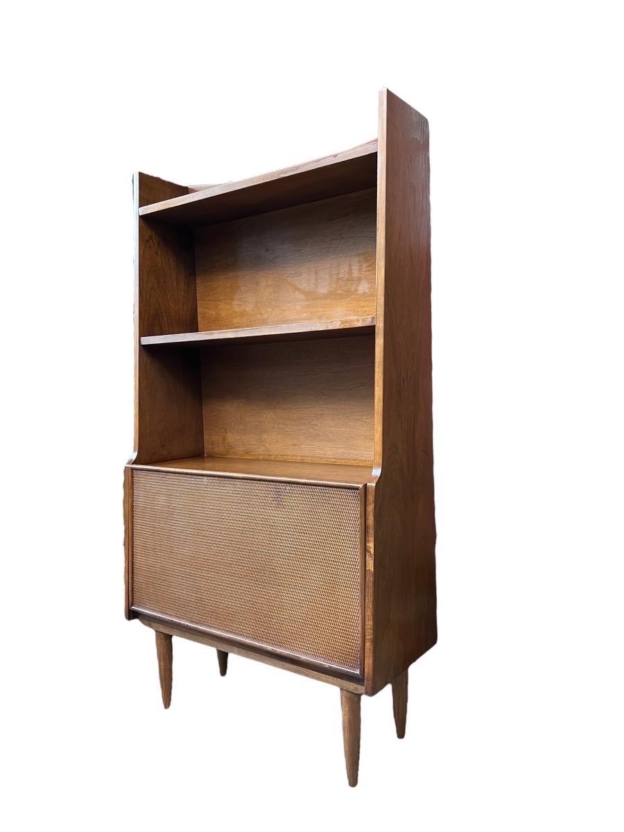 Vintage Mid Century Walnut Book Case Shelf with Caned Door and Bar Cabinet In Good Condition In Seattle, WA
