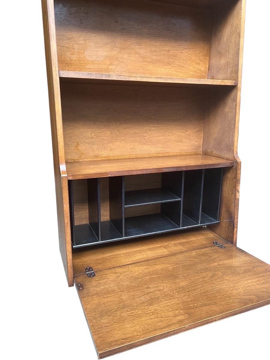 Late 20th Century Vintage Mid Century Walnut Book Case Shelf with Caned Door and Bar Cabinet