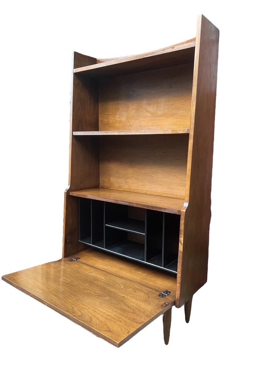 Wood Vintage Mid Century Walnut Book Case Shelf with Caned Door and Bar Cabinet