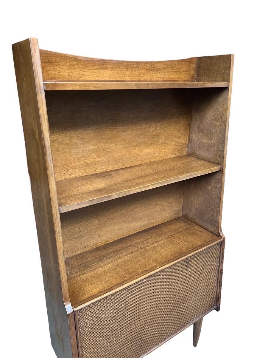 Vintage Mid Century Walnut Book Case Shelf with Caned Door and Bar Cabinet 1