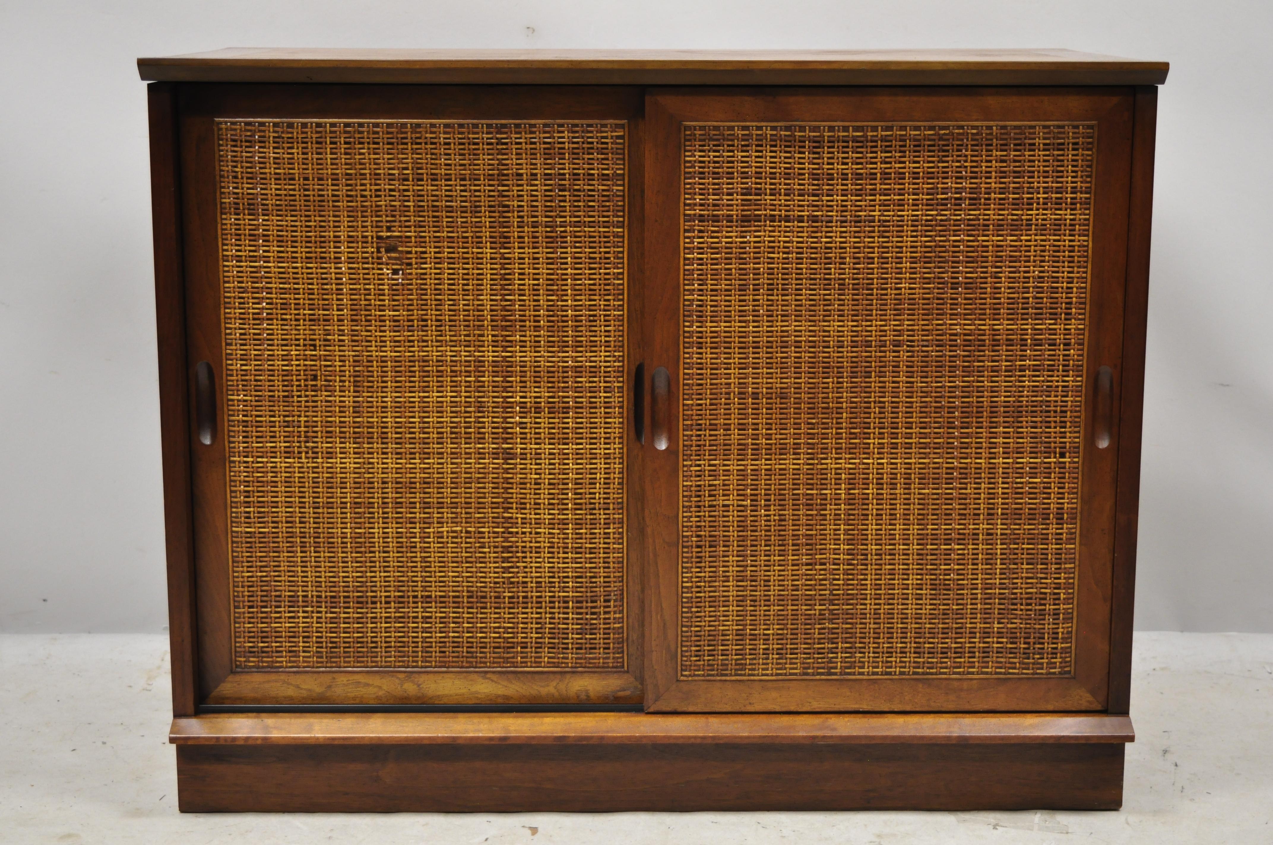 Vintage Midcentury Walnut Cane Front Double Sliding Door Credenza Cabinet 4