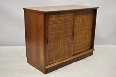 Vintage Midcentury Walnut Cane Front Double Sliding Door Credenza Cabinet
