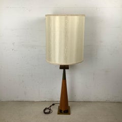 Vintage Mid-Century Walnut Cone Lamp with Brass Base & Large Drum Shade