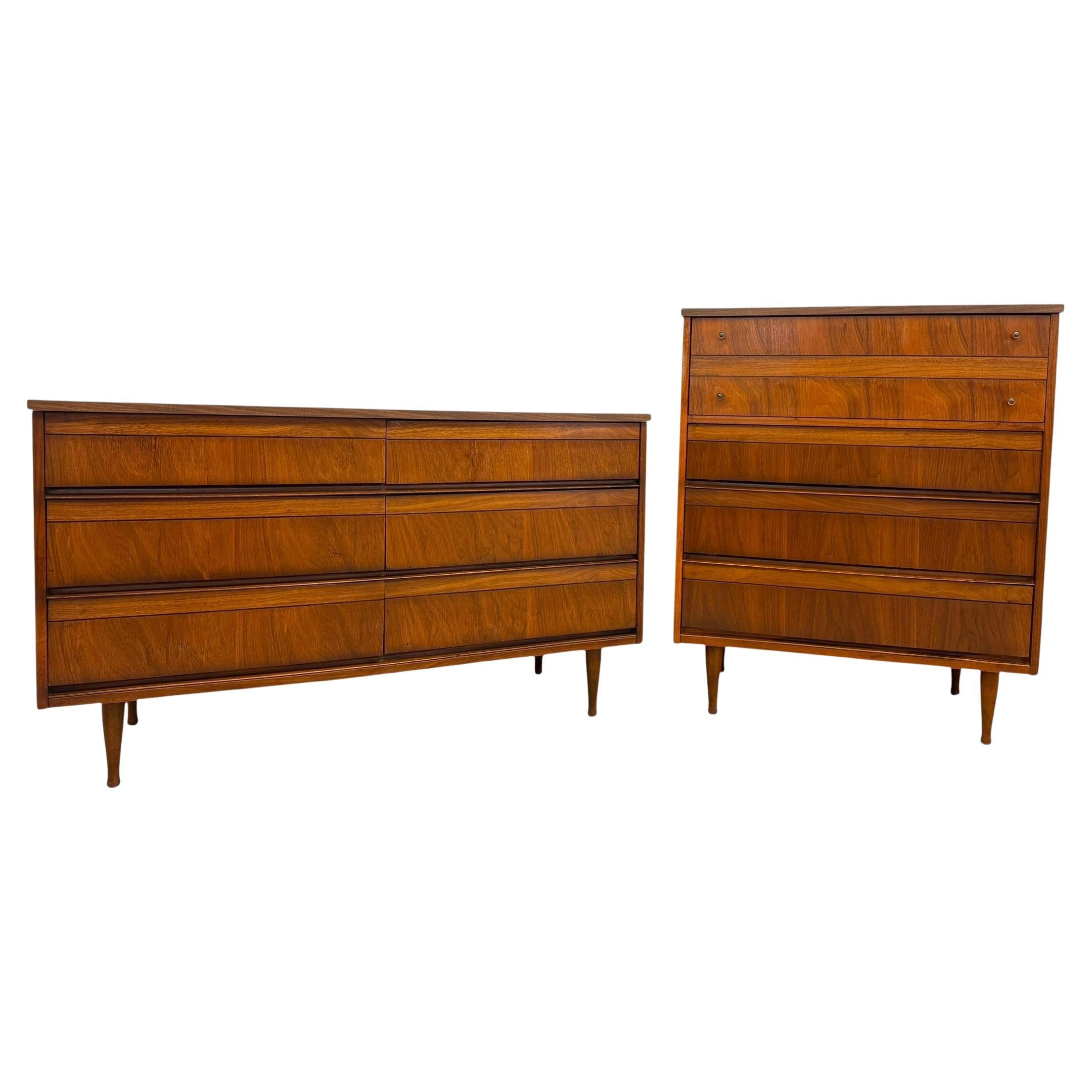 Vintage Mid-Century Walnut Dresser Set - 6 Drawer Lowboy & 4-Drawer Highboy