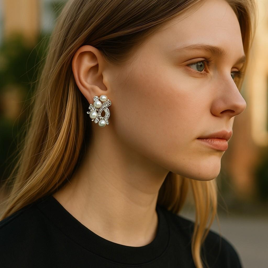 Wir stellen Ihnen unsere exquisiten Vintage-Ohrringe aus 14 Karat Weißgold mit Diamanten und Perlen (0,75 Karat) vor - ein zeitloses Stück, das Eleganz und Raffinesse ausstrahlt. Diese 1-Zoll-Ohrringe sind eine perfekte Mischung aus Vintage-Charme