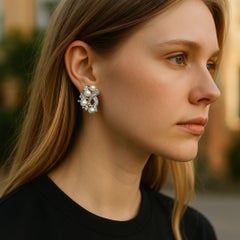 Vintage Mid Century 14K White Gold Diamond Pearl Clip-On Earrings