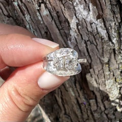 Vintage Mid Century White Gold Old .62ctw Diamond Florentine Finish Shell Ring