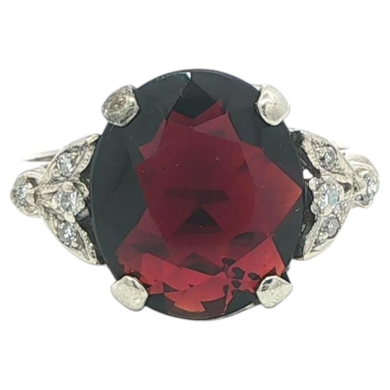 Vintage Mid Century White Gold Oval Garnet & Diamond Tulip Floral Sides Ring