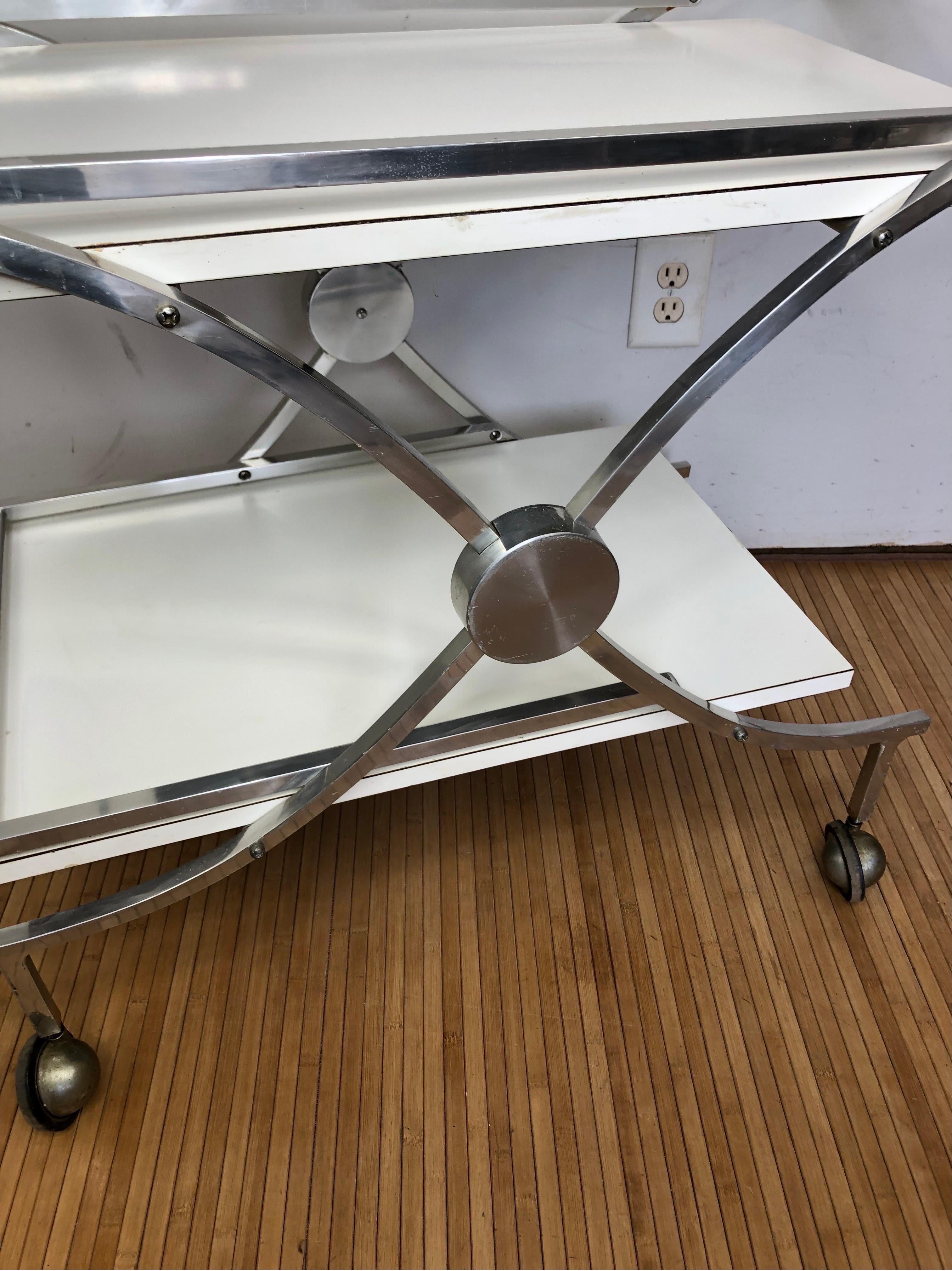 Vintage Mid- Century White Laminate and Chrome Bar Cart 33w 28.5h 18.5d In Good Condition For Sale In Chapel Hill, NC