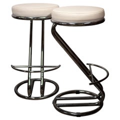 Retro Mid-Century White Vinyl and Chrome Bar Stools, Set of 2, 1960s