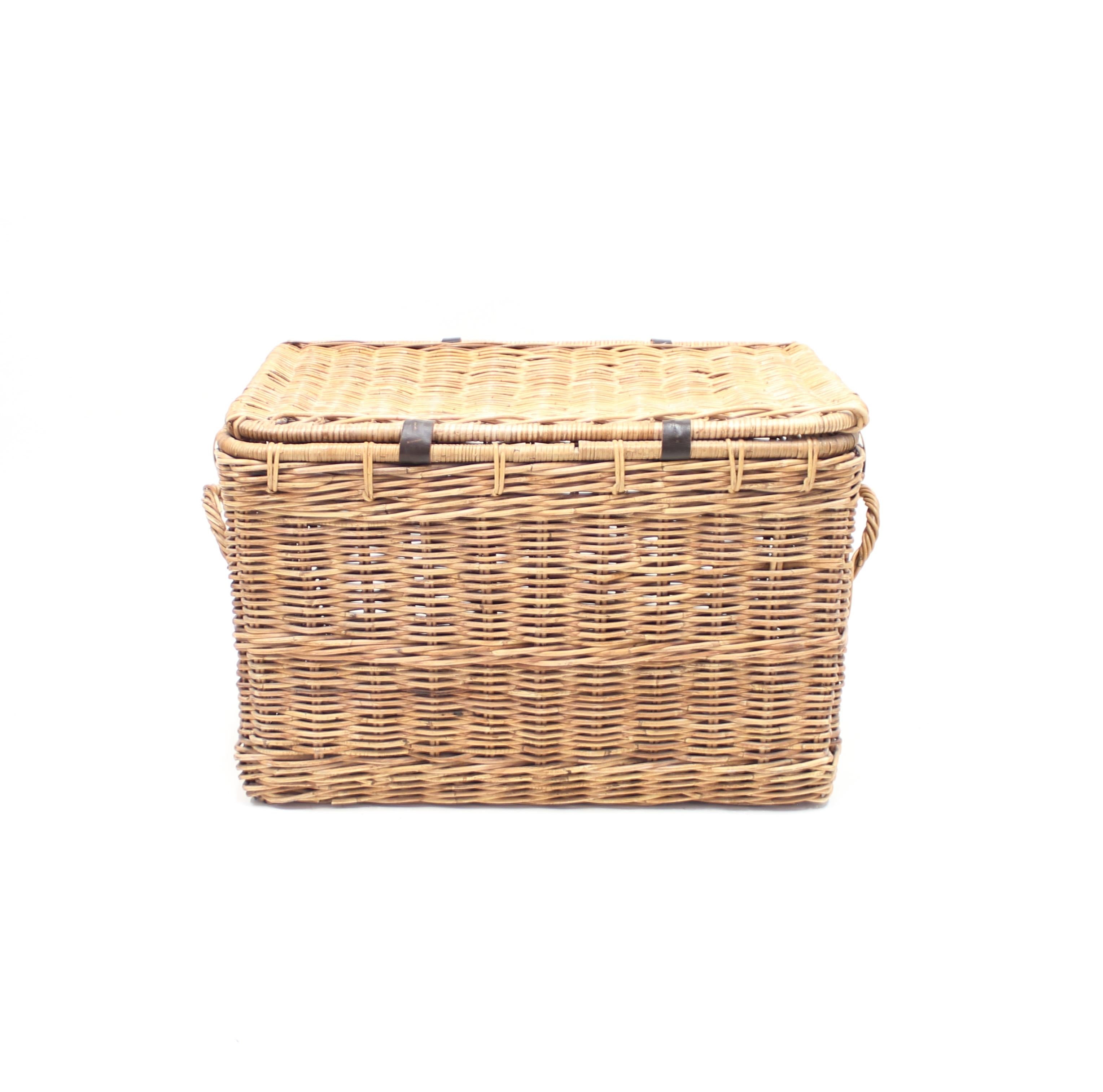 Leather Vintage Midcentury Wicker Laundry Basket, 1950s