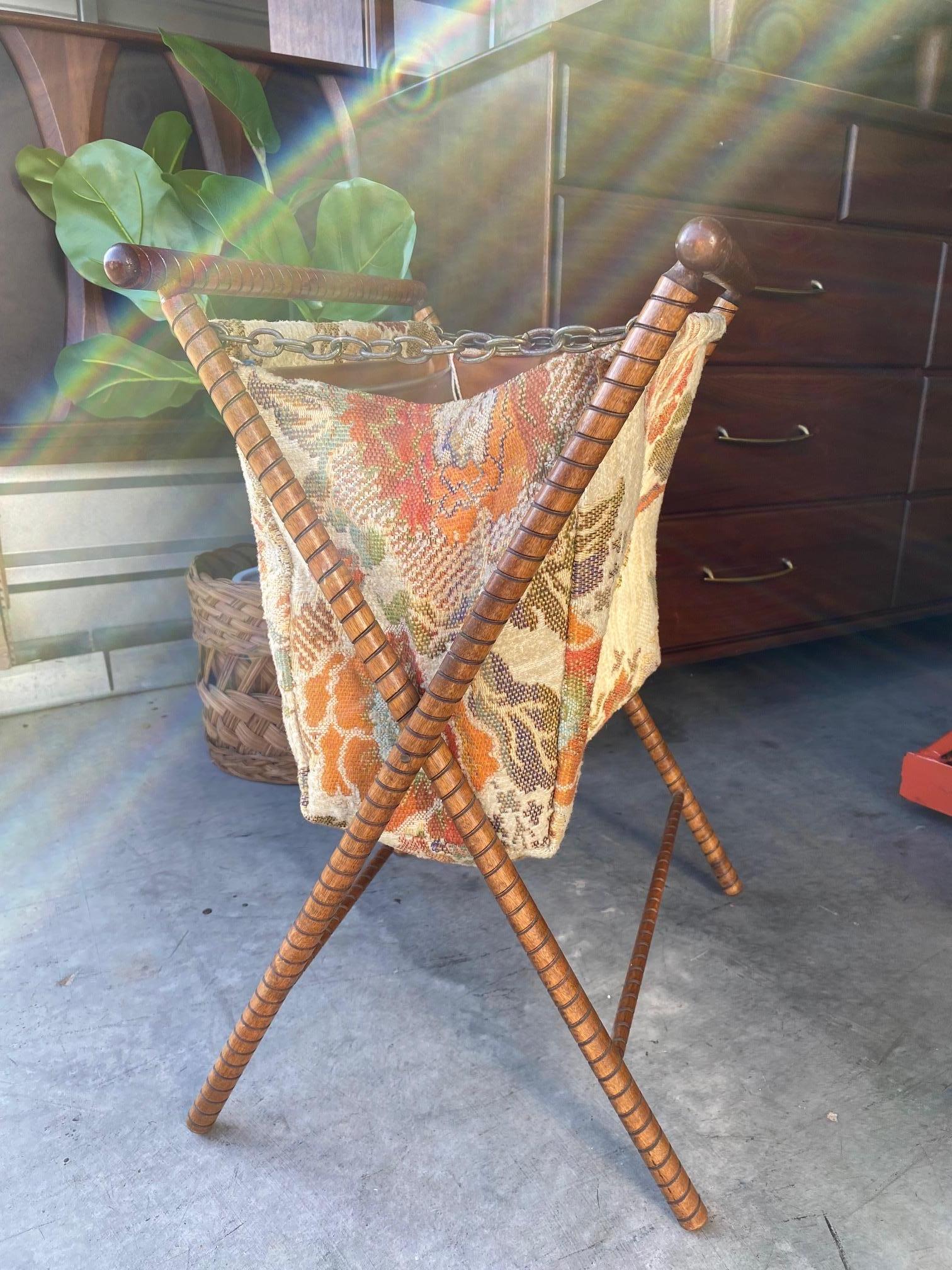 Vintage Mid Century Wood and Fabric Folding Magazine Rack at